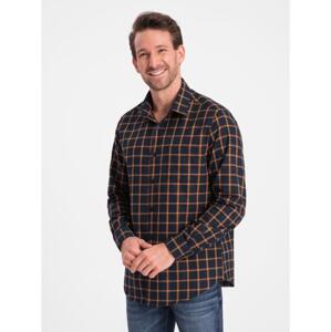 Pánska kockovaná flanelová košeľa SLIM FIT tmavo modrá a oranžová