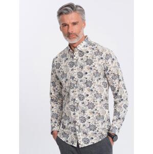 Pánske kvetinové tričko SLIM FIT béžovo-sivé