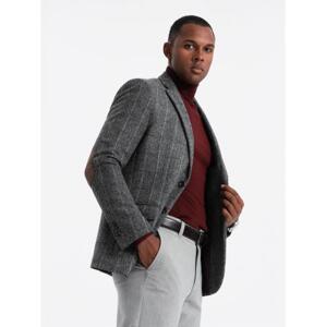 Elegantná pánska marynarka w kratkę z wełną - szara V1 OM-BLZB-0137