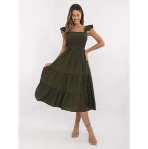 Khaki midi šaty s elastickými záhybmi